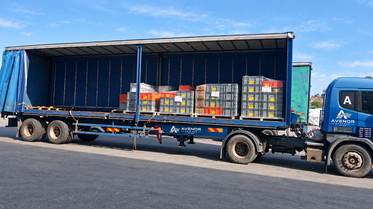 Edited photograph of an open curtain-side trailer with palletised cargo.