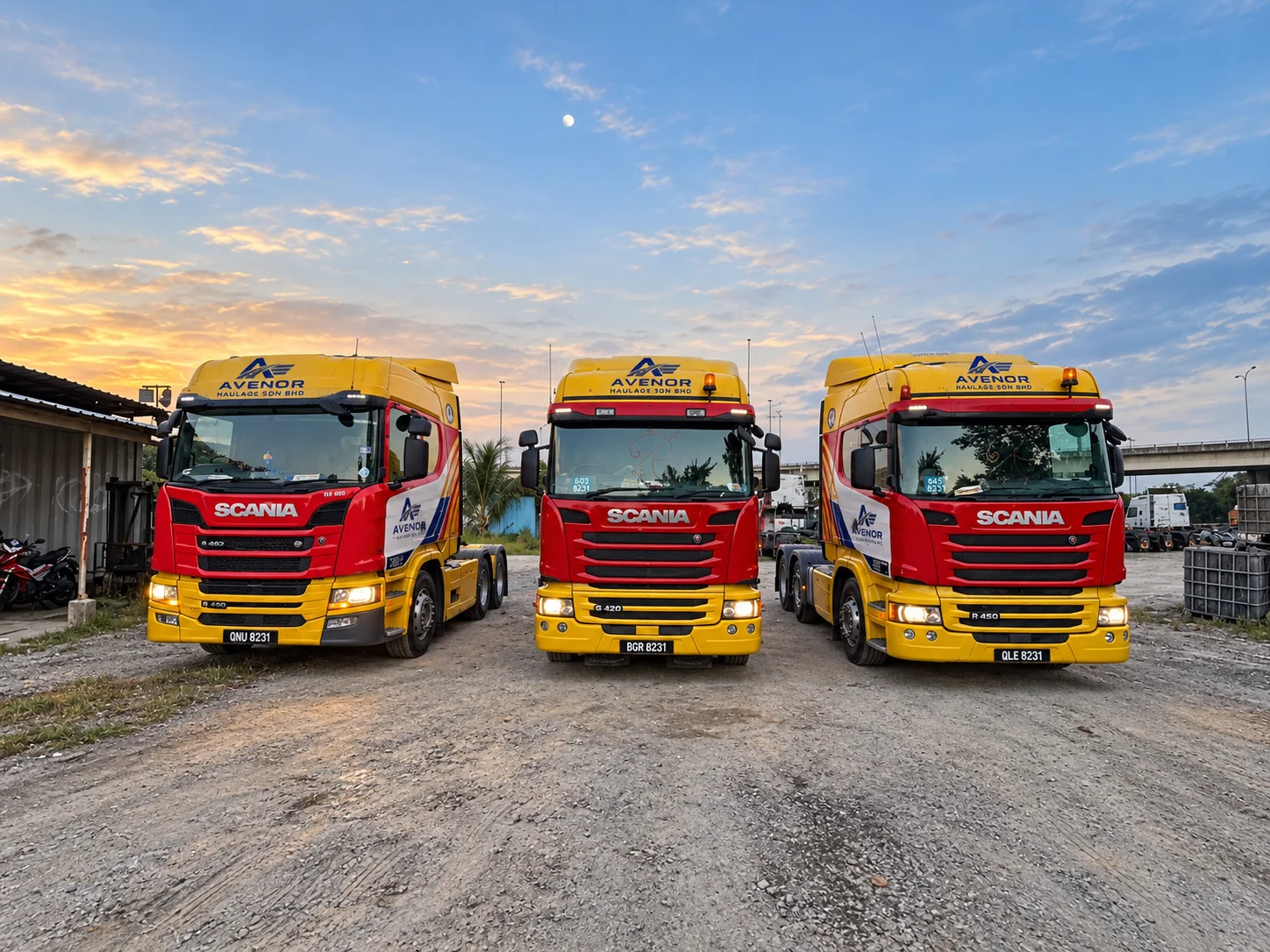 Avenor prime movers lined up at a vehicle yard.