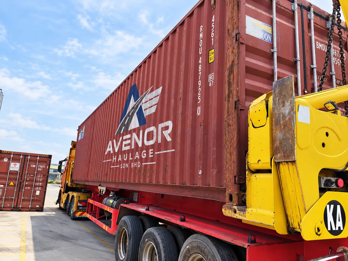 Edited photograph of container trailer and side-loader equipment.